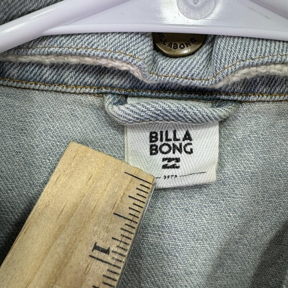 Billabong Jacket Womens Medium Blue Denim Hooded Striped Sleeves Boho Casual - Picture 3 of 14